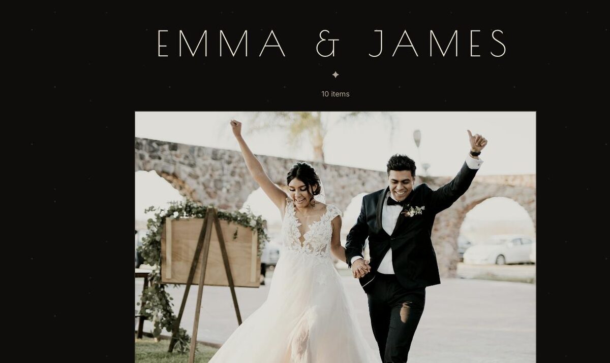 A gallery in an art deco style: thin widely spaced capitals reading Emma and James on a near-black page, a small gold star, and the cover photo in a fine frame