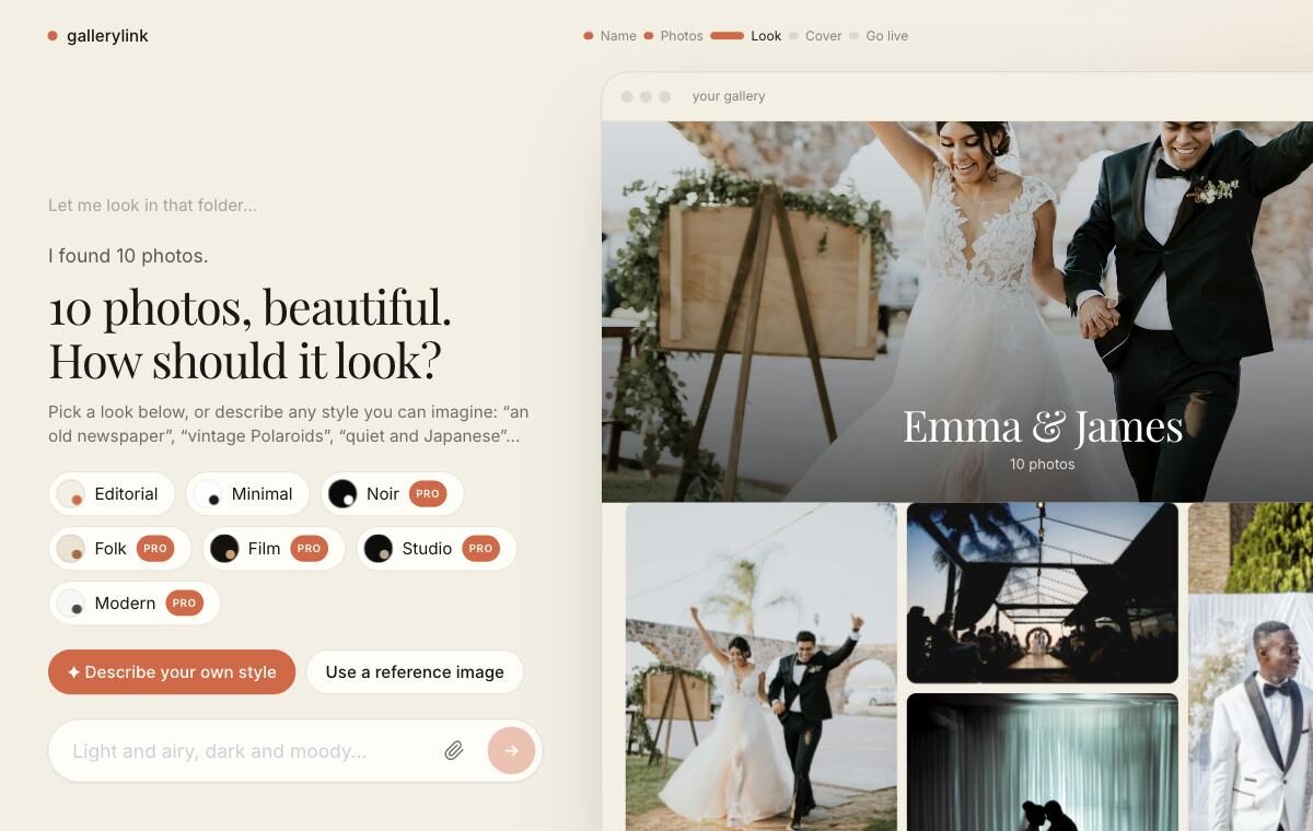 The Make it with me guide on the look step: the question “How should it look?” with ready-made looks and a Describe your own style button, beside a live preview of the gallery with its cover photo and title