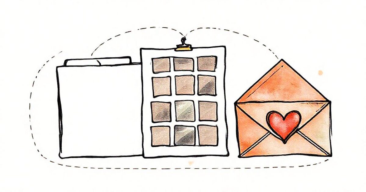 A paper folder, a photo gallery grid and an envelope with a heart seal, joined by dashed lines