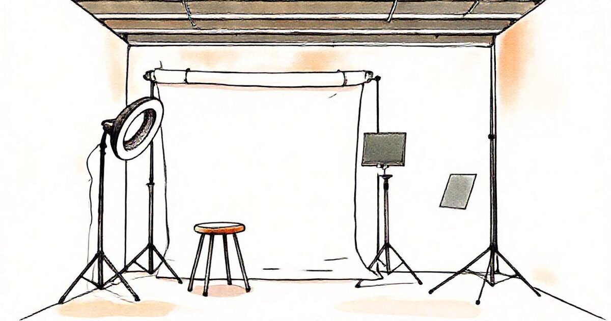 An empty self-service photo studio with a ring light, a stool, a backdrop and a tablet on a stand