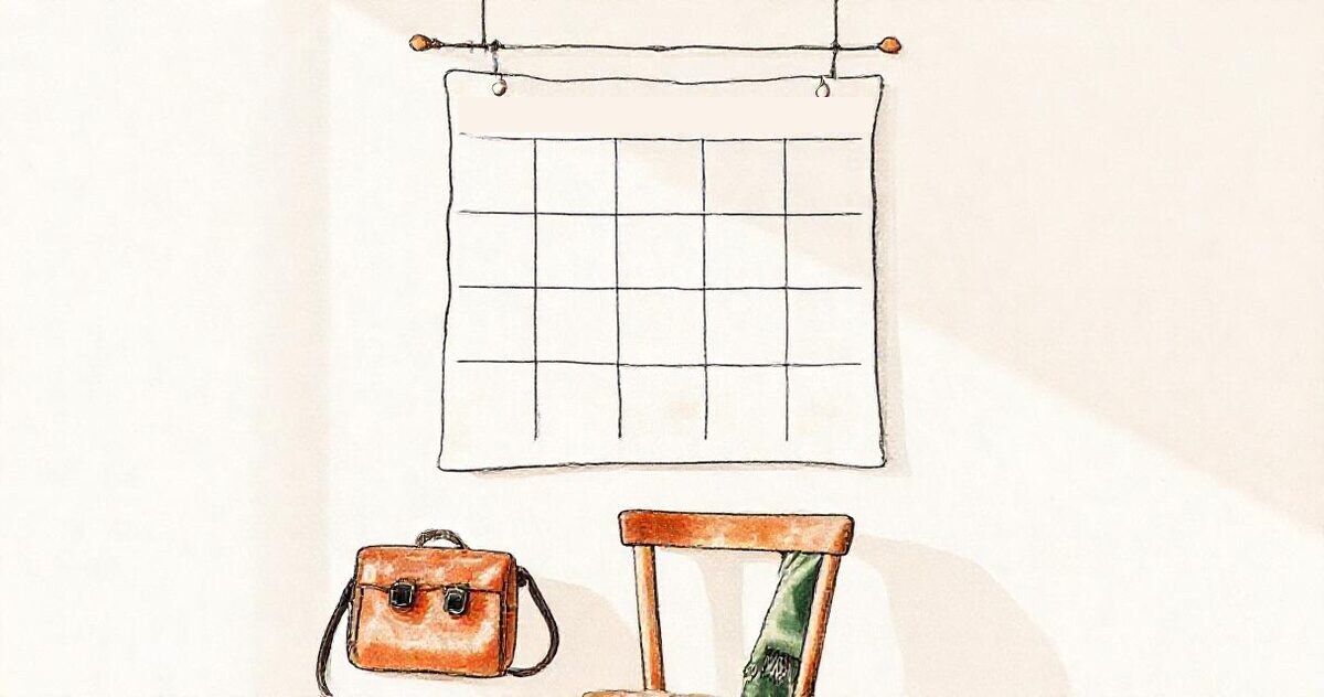 A sketch of a blank wall planner above a desk, with a camera bag and a chair below