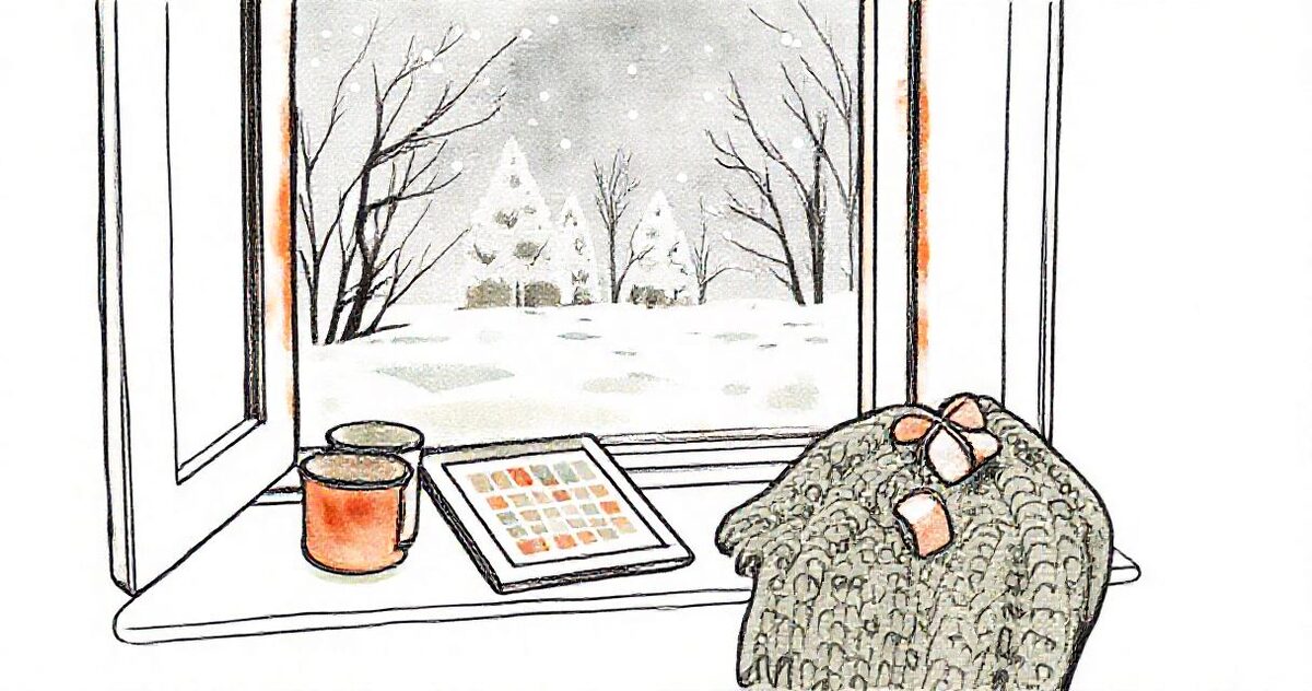A sketch of a window seat in the snow with a tablet showing a grid of photo squares, mugs of cocoa and a knitted blanket