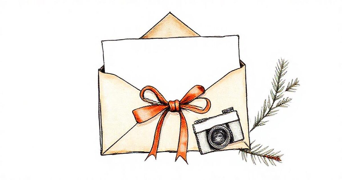 A sketch of a blank card in a kraft envelope tied with a terracotta ribbon, with a small camera and a pine sprig