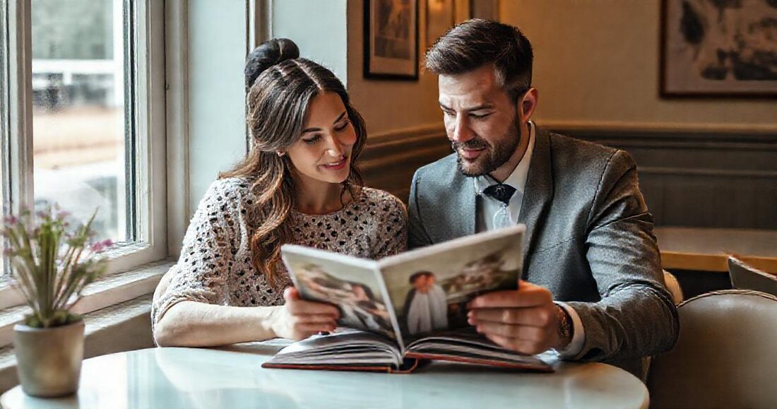 A couple looking through a photographer's portfolio album together