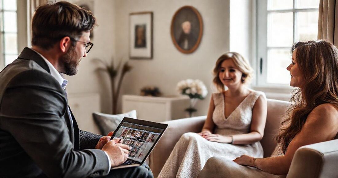 A consultation meeting between a couple and their photographer