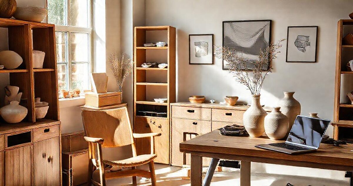 A furniture showroom corner with a laptop on a workbench