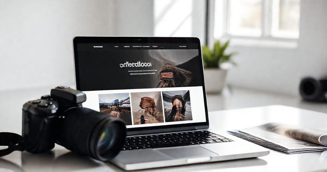 A photographer's portfolio site on a laptop in the studio