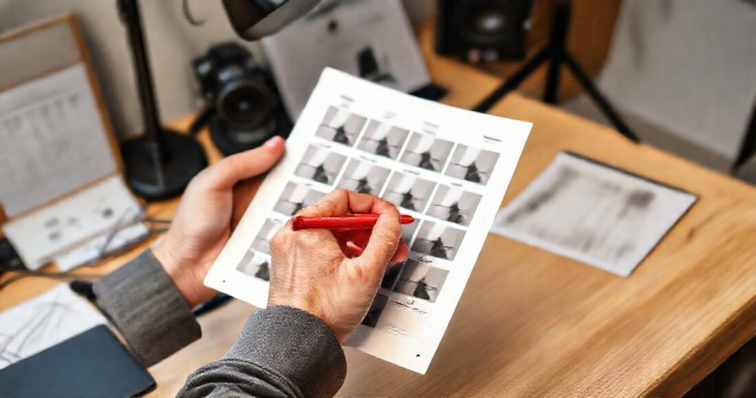 Reviewing a printed contact sheet with a marker