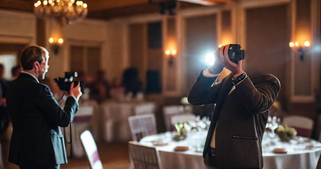 Two photographers covering the same reception from different angles