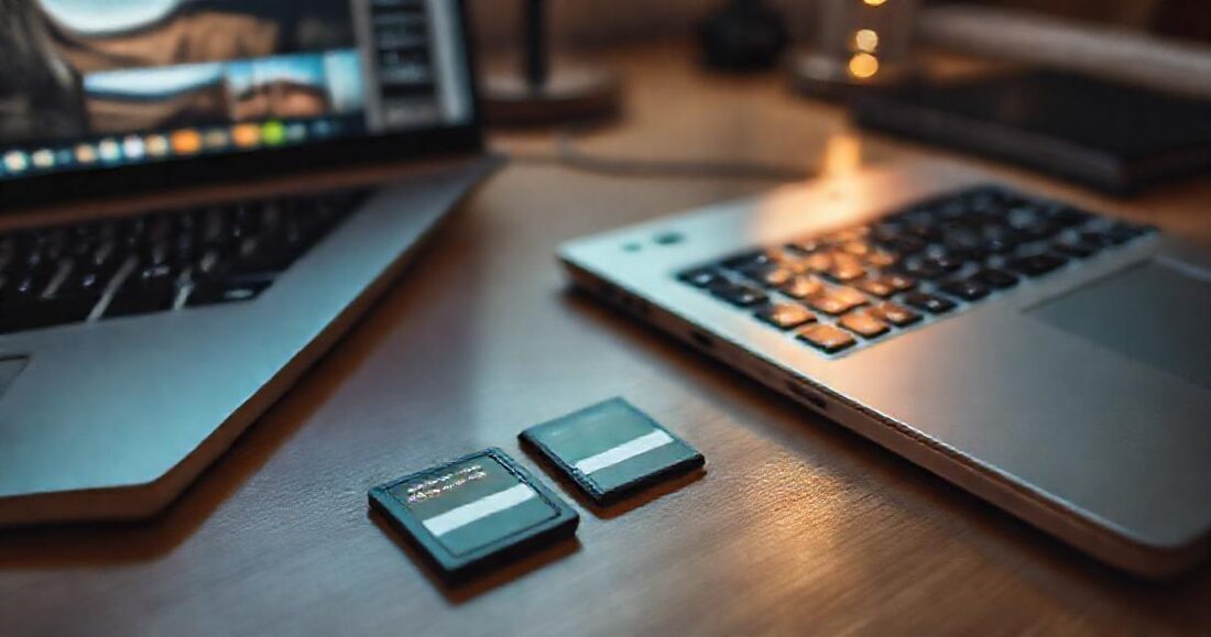 Memory cards and a reader beside a laptop importing the day