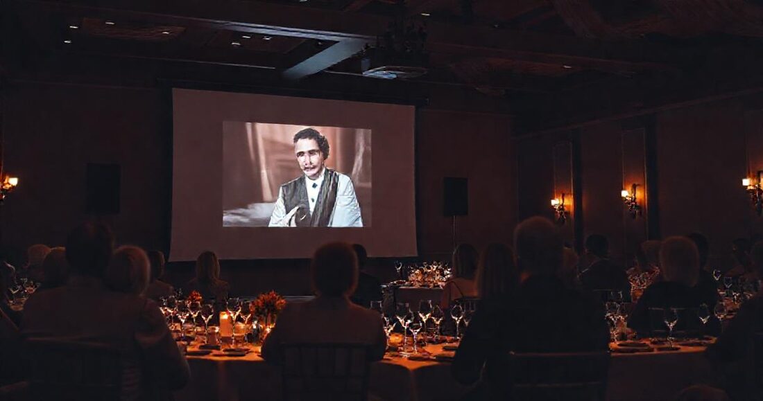 The venue screen showing a photo while guests watch from their tables