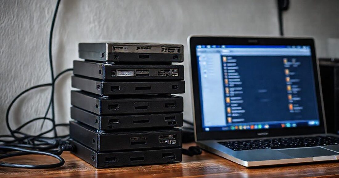 External drives stacked beside a laptop showing the archive folders