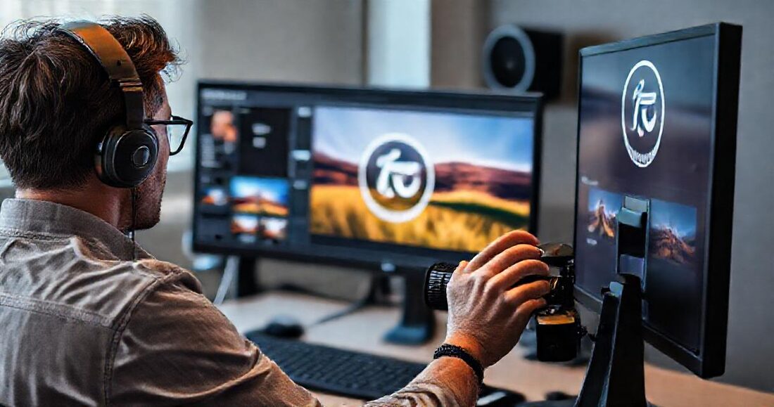Editing suite with a subtle watermark visible on the monitor