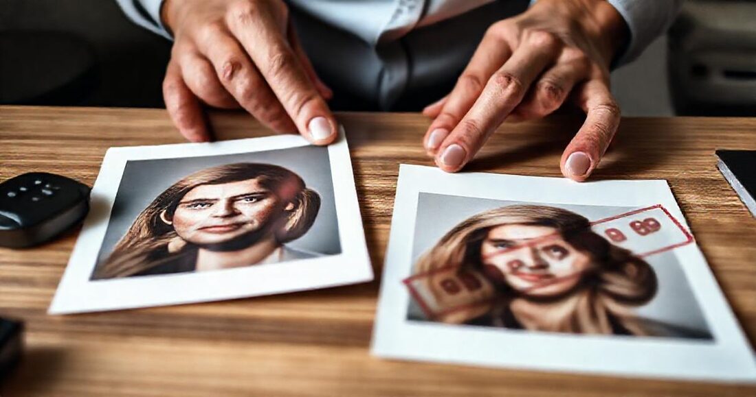 Comparing a clean print with a proof-stamped copy of the same portrait