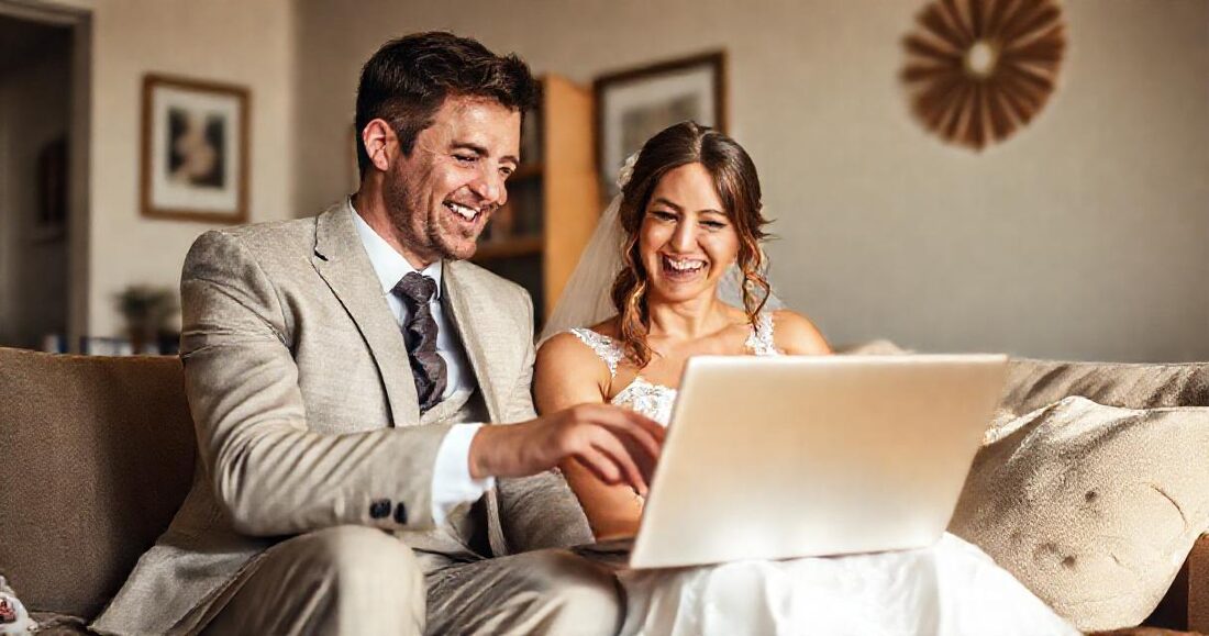 A couple opening their wedding gallery at home