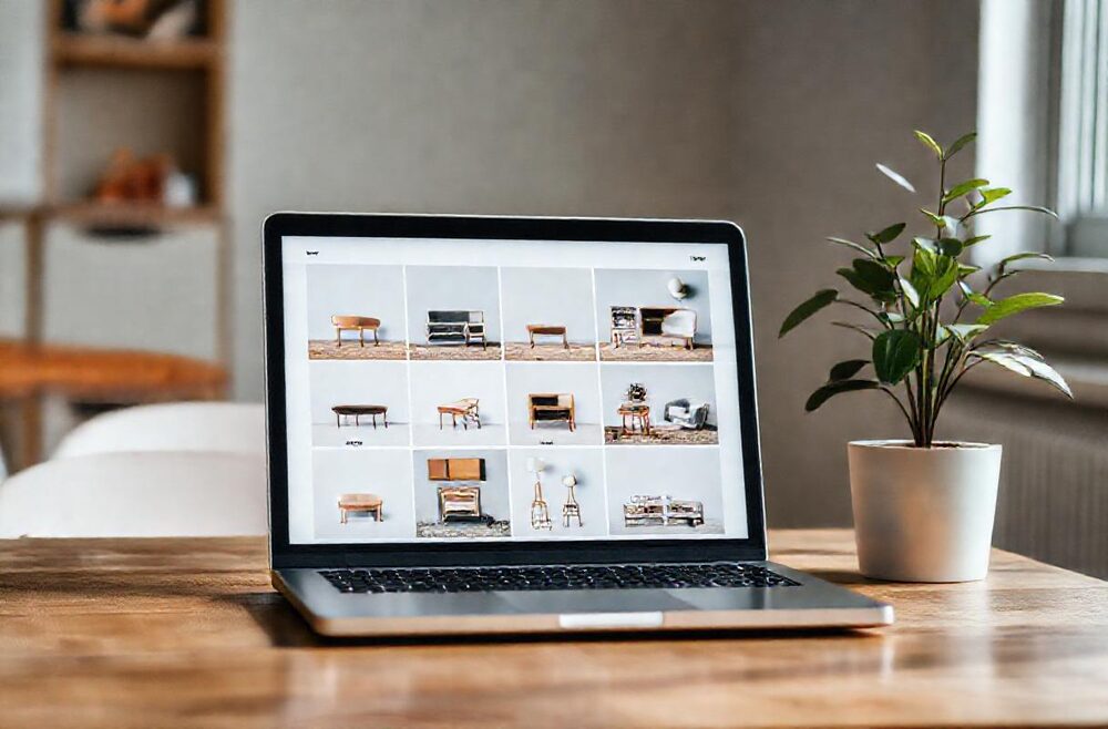 A product catalogue grid on a laptop
