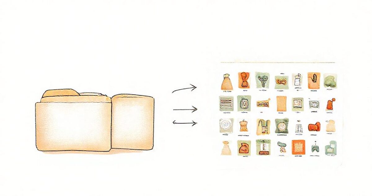 Three folders on the left flowing into a grid of product thumbnails on the right