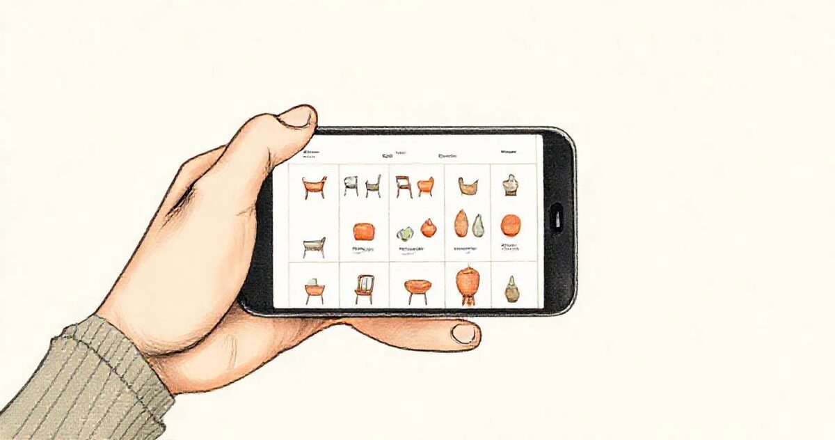 A hand holding a phone showing a product catalogue grid with category pills across the top