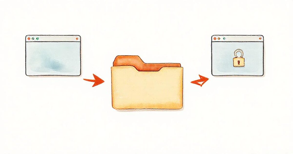 One folder feeding two browser windows, one open and one locked with a padlock