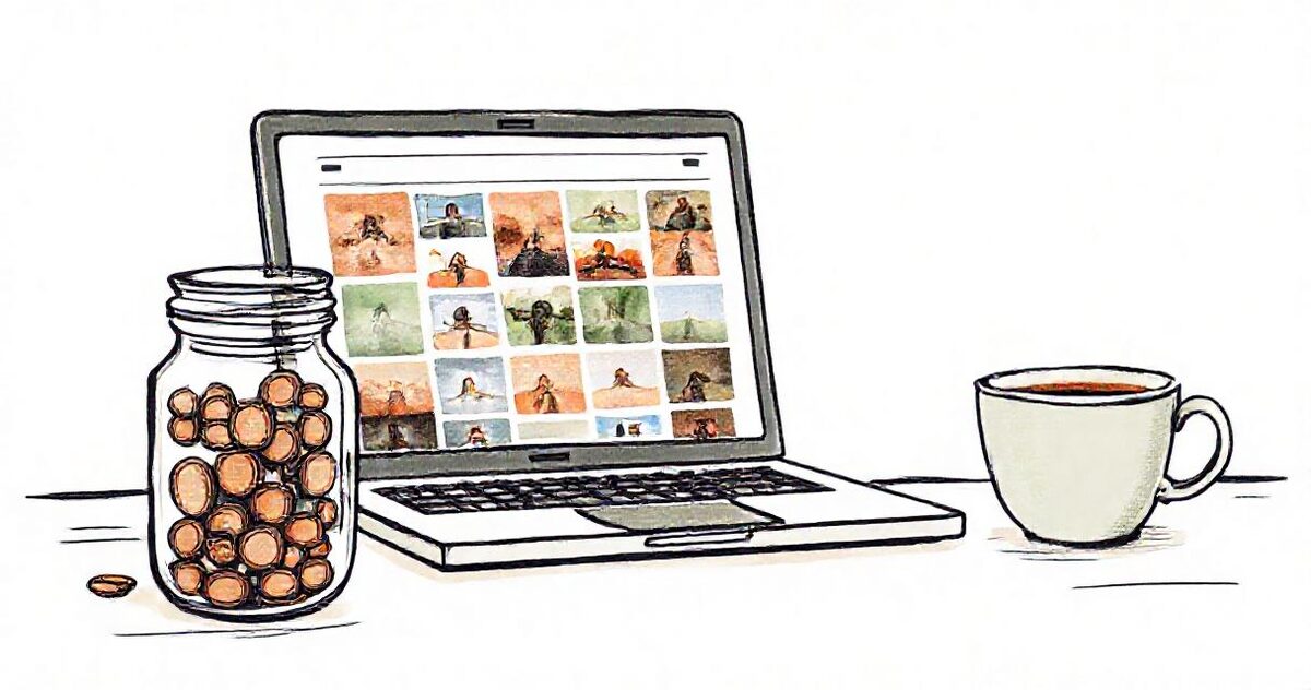 A glass jar of coins beside a laptop showing a grid of photos and a cup of coffee