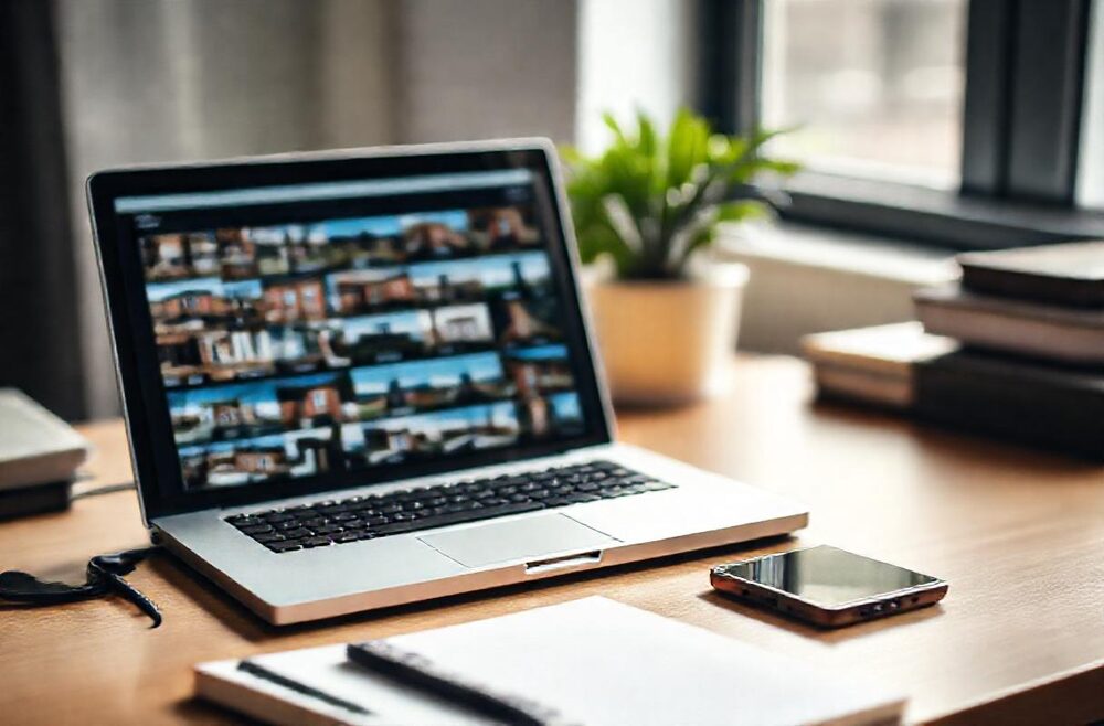 An agent's desk with a laptop showing a grid of property photographs