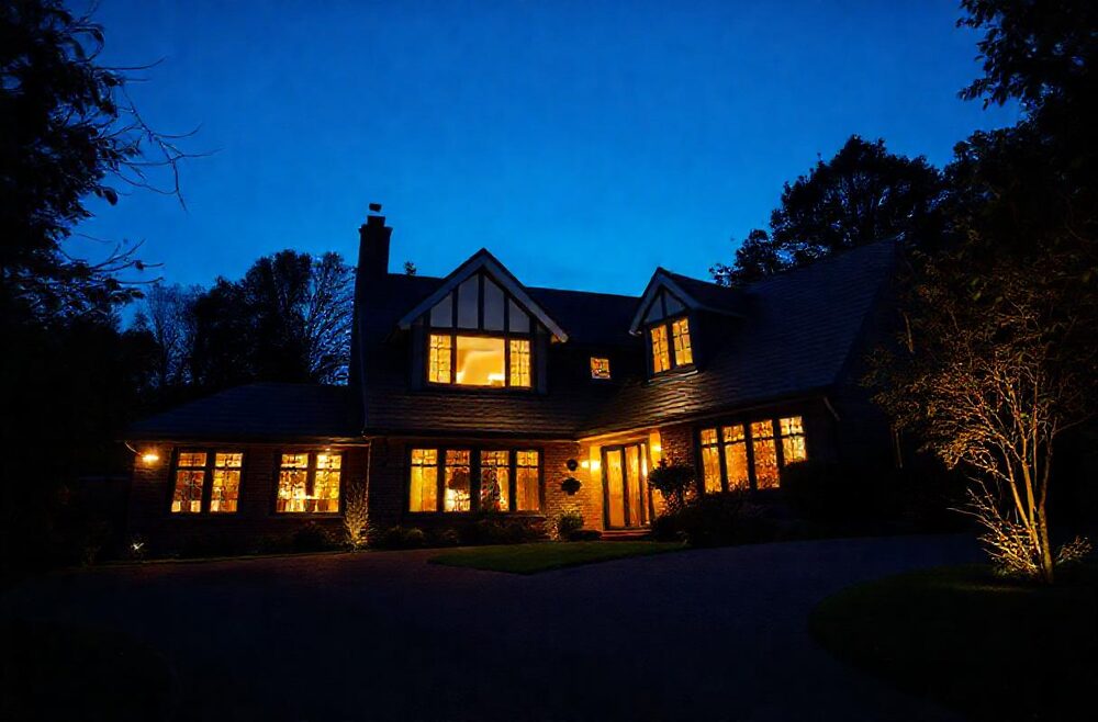 A house photographed at dusk with warm interior lights showing through the windows