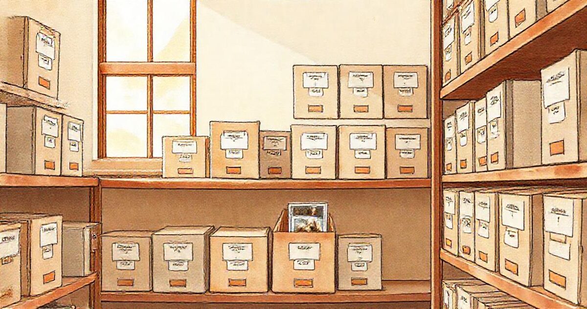 Neatly labelled archive boxes on wooden shelves, one open to show prints