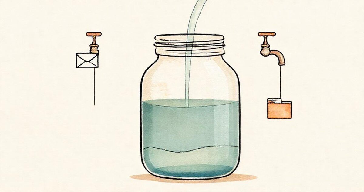 One jar being filled from three small taps marked with an envelope, a photo and a folder