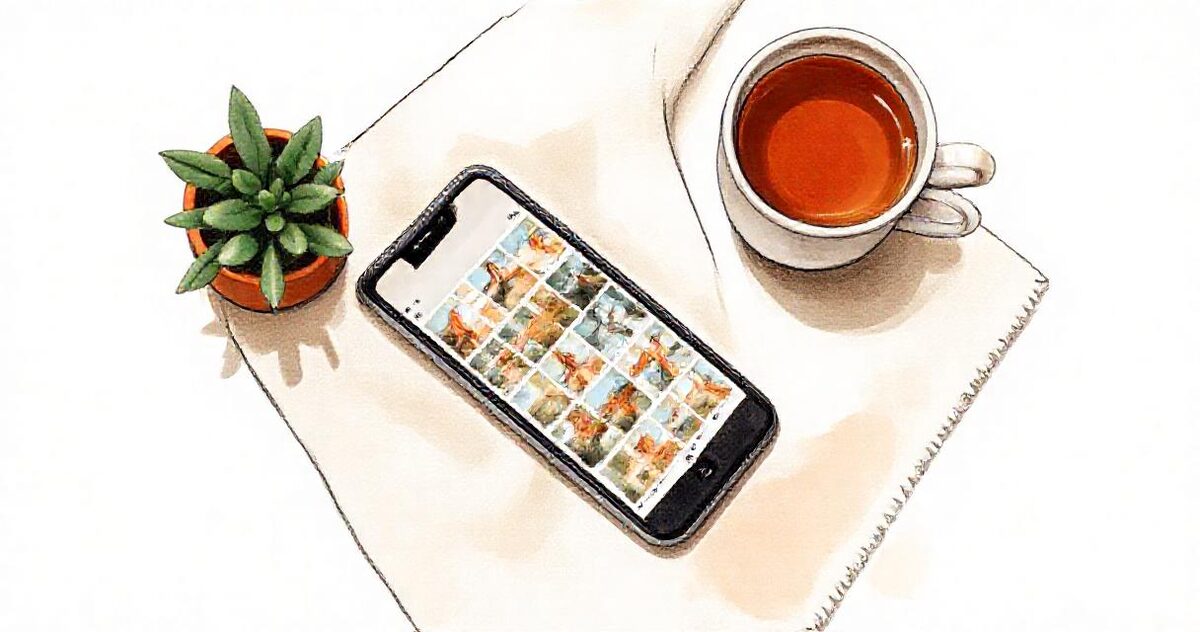 A smartphone showing a grid of photos on a linen cloth beside a small potted plant and a cup of tea