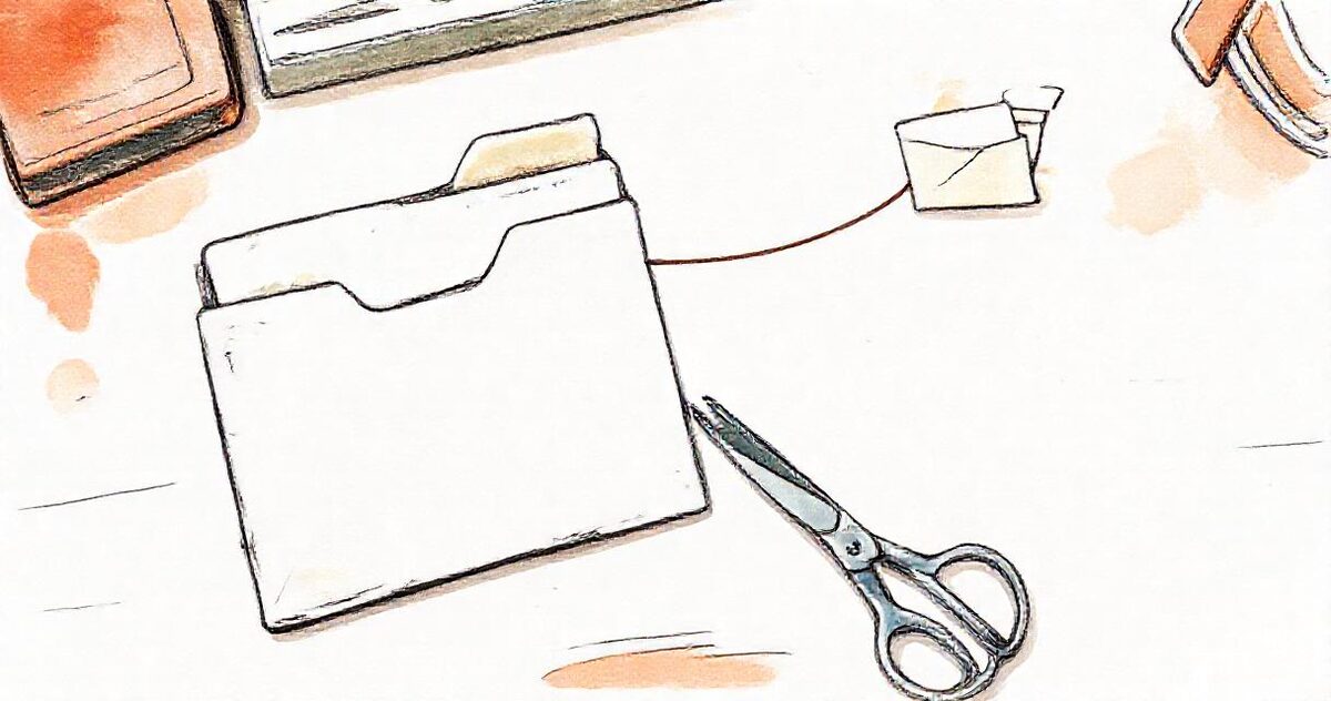 A paper folder tied by a thin string to a distant envelope, with a pair of scissors lying beside the string