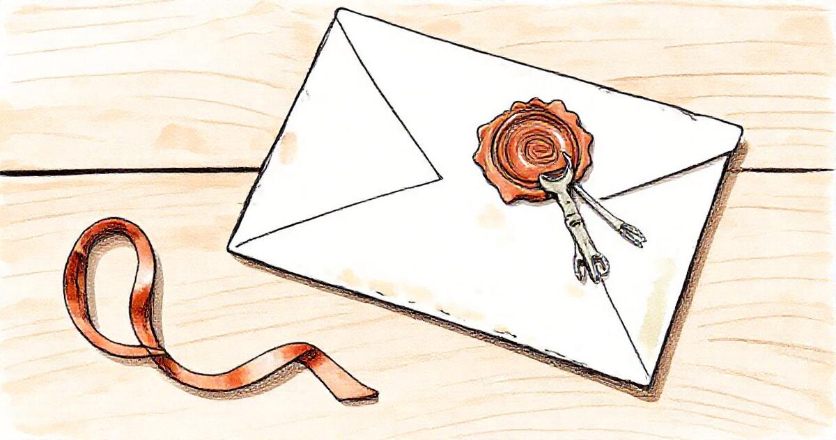A sealed envelope with a terracotta wax seal beside a ribbon on a wooden table