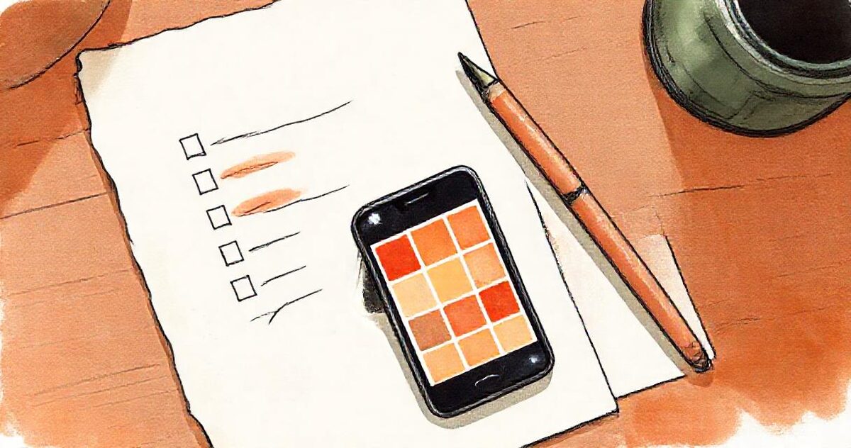 A phone showing a grid of warm colour squares beside a checklist notepad and a pen