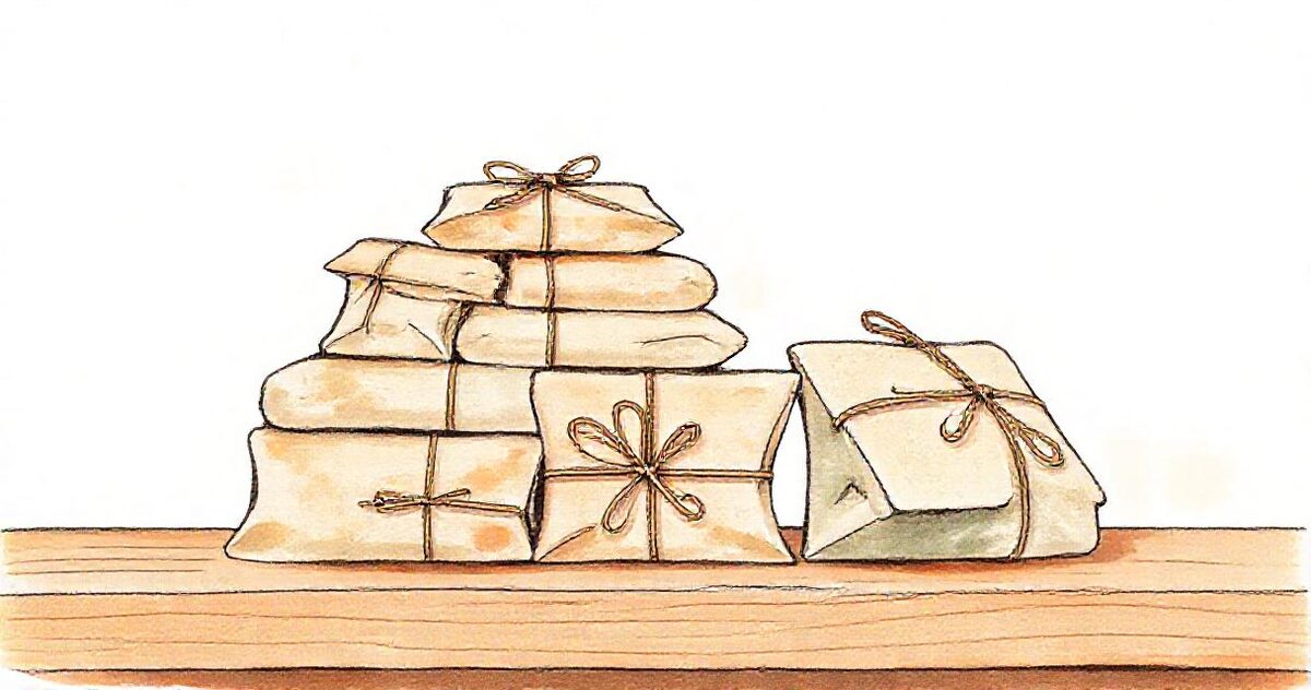 Several small paper parcels tied with string, stacked on a wooden shelf