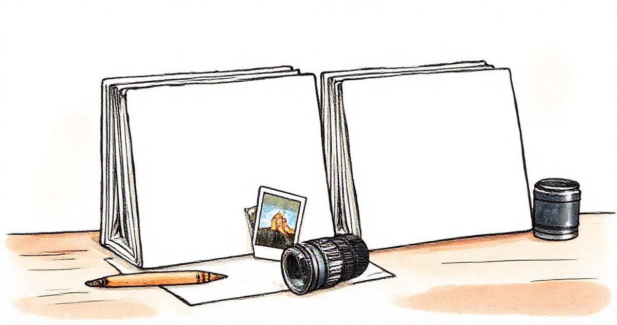 Two paper file folders on a desk, one thick and one thin, with small photographs, a pencil and a camera lens