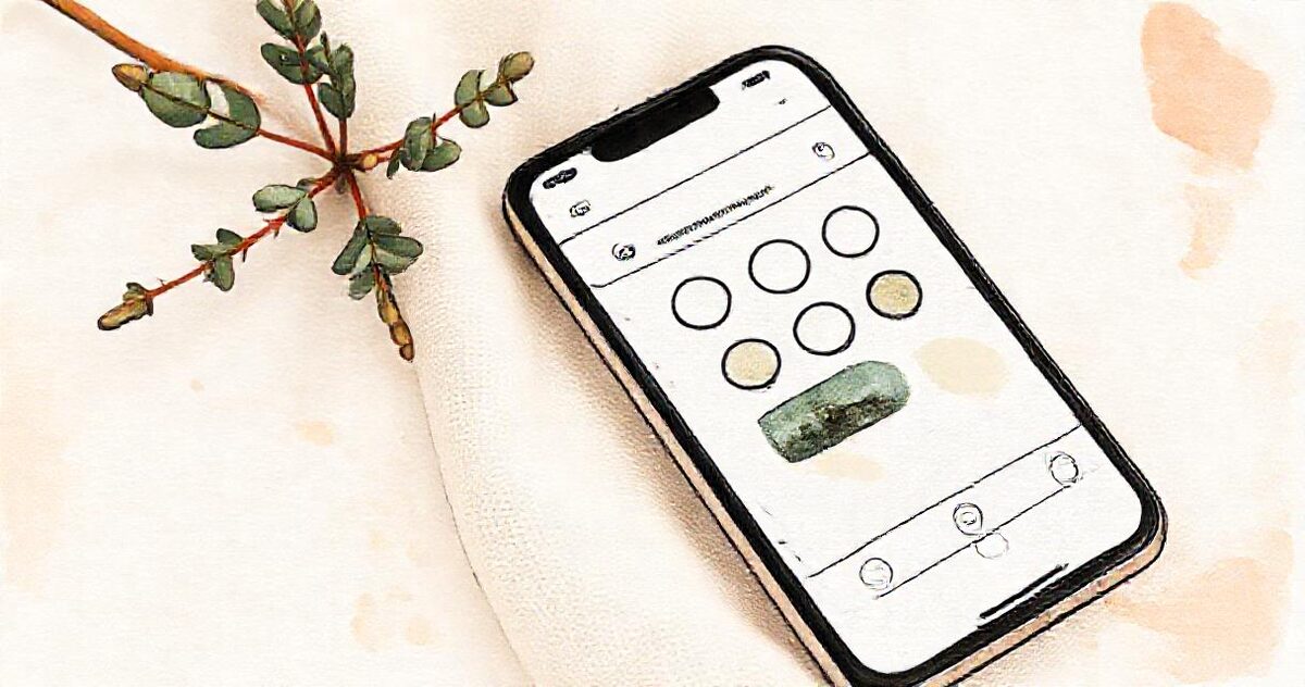 A smartphone showing a share sheet of round icons above a photo, resting on a linen cloth beside a sprig of eucalyptus