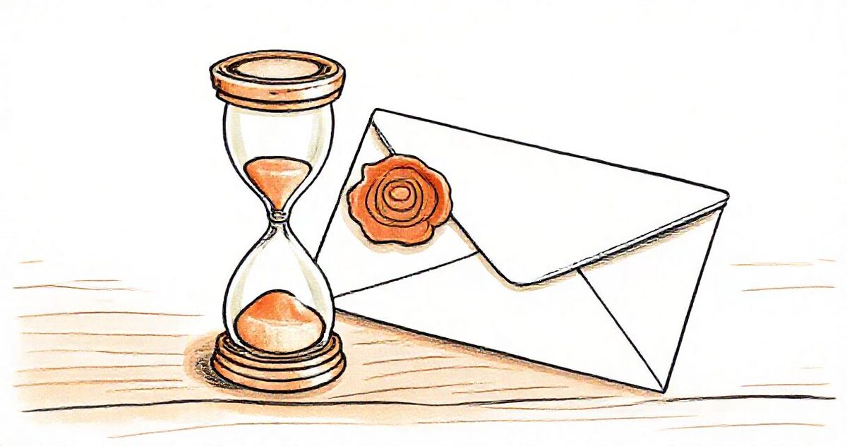 A small hourglass beside an envelope sealed with a terracotta wax seal