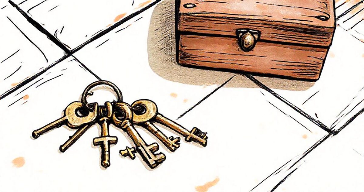 A ring of old brass keys beside a small closed wooden box on a table