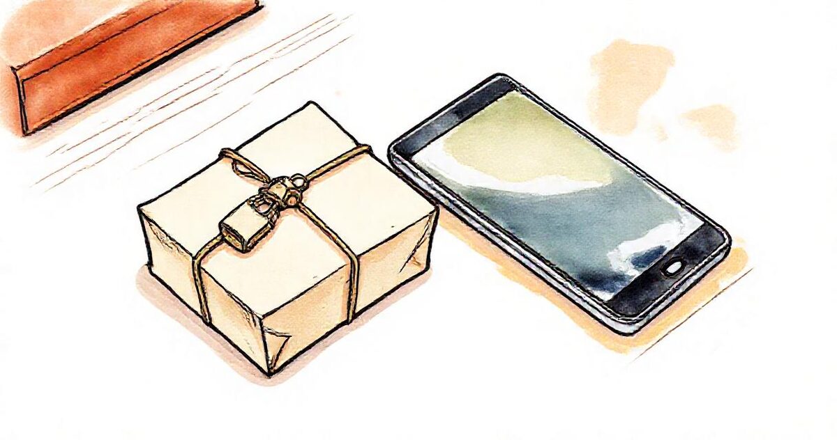 A small parcel tied with string and fastened with a tiny padlock, beside a phone