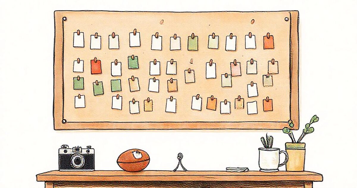 A corkboard covered in small pinned cards arranged in groups, with a camera, a football and a key on the desk below