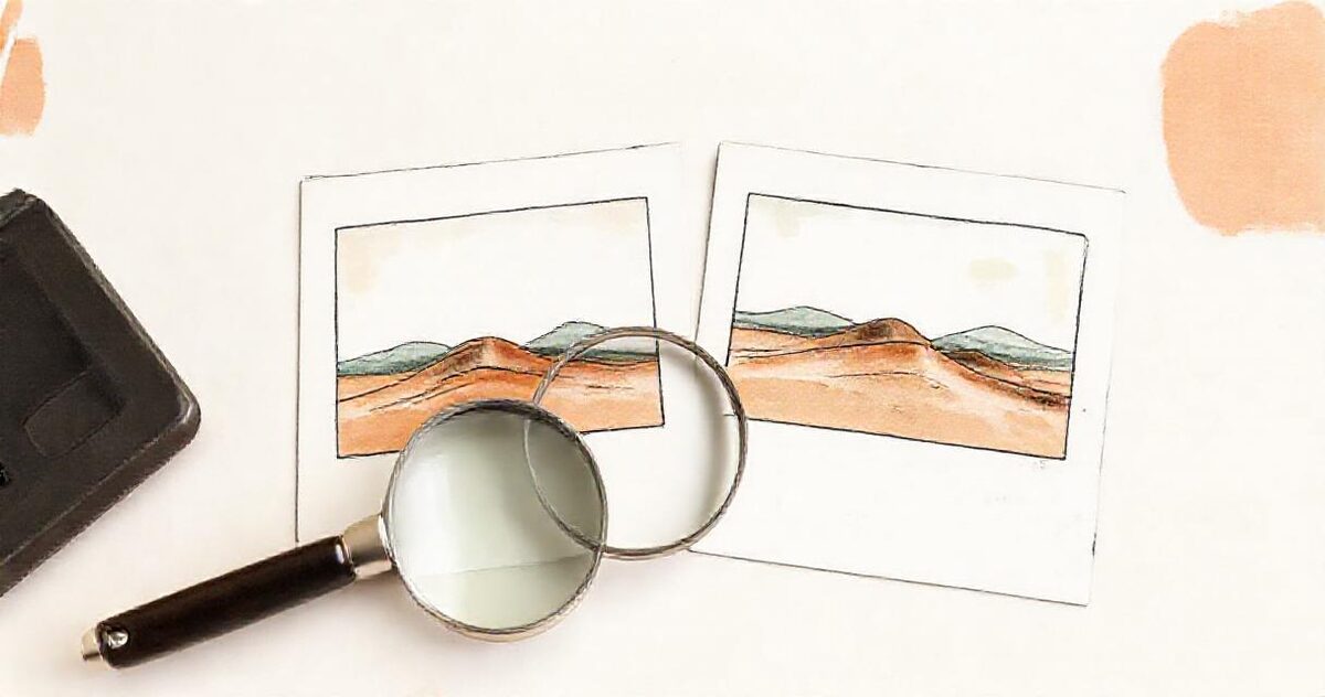 Two prints of the same landscape side by side, one slightly smaller, with a magnifying glass between them