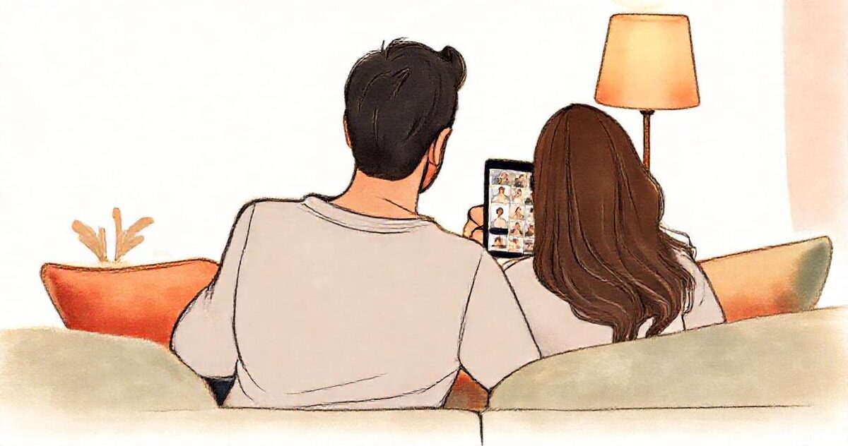 A couple on a sofa looking together at a phone showing a grid of wedding photos
