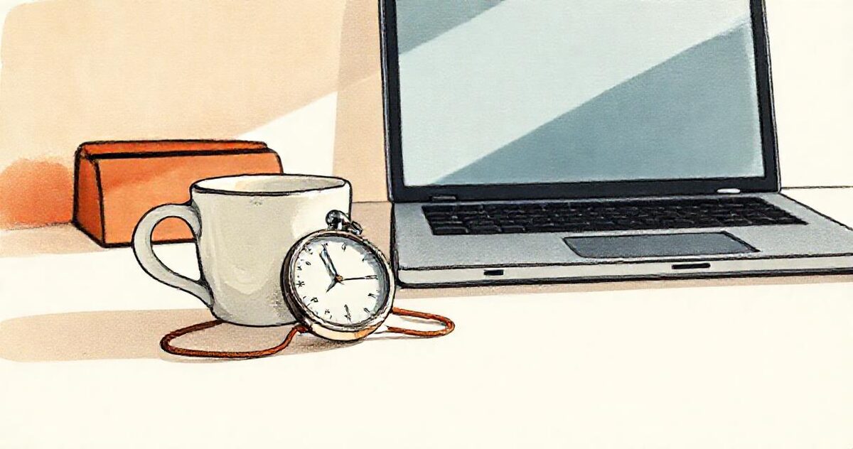 A stopwatch beside a laptop and a coffee cup on a plain desk
