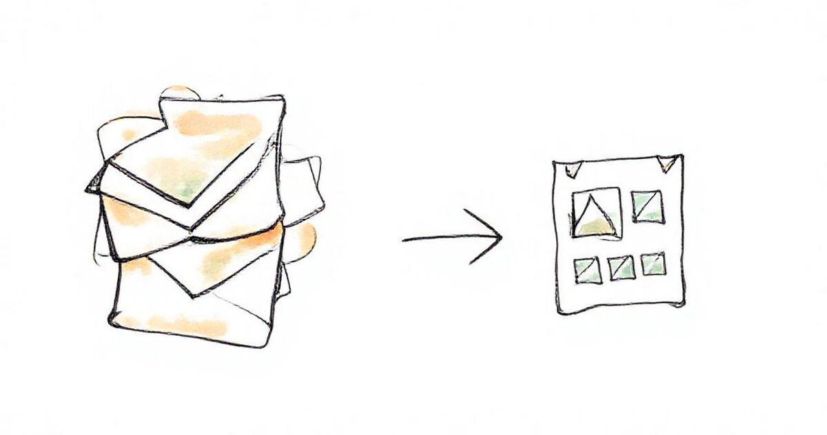 A pile of overlapping envelopes and messages with an arrow pointing to a single card showing a small photo grid
