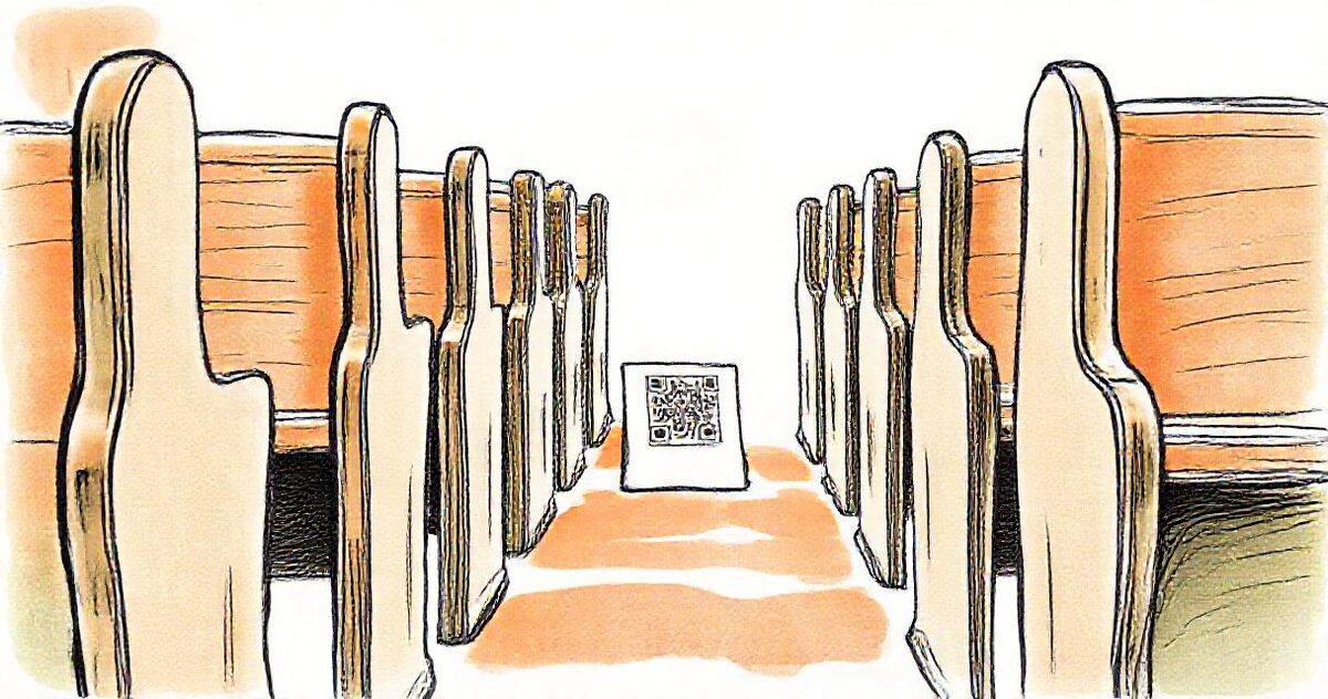 Rows of wooden church pews with a small card showing a QR code standing in the aisle