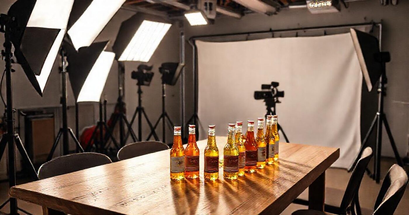 A brand photoshoot in progress with crew and softboxes