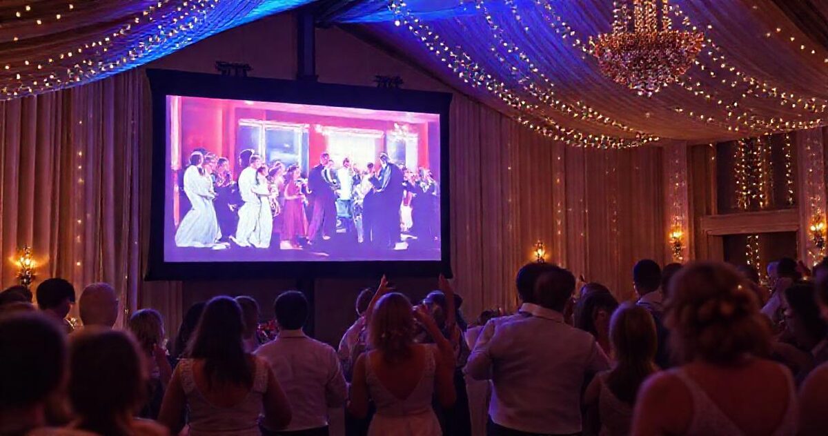 The venue screen showing the live photo slideshow while guests dance