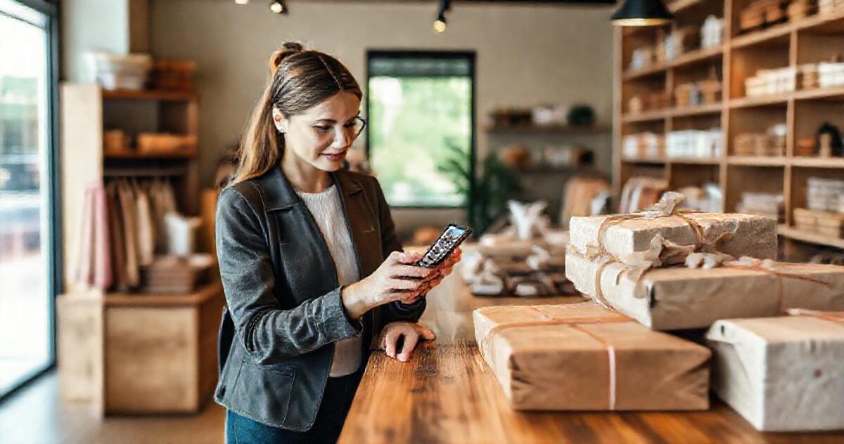 A boutique owner browsing their product catalogue on a phone