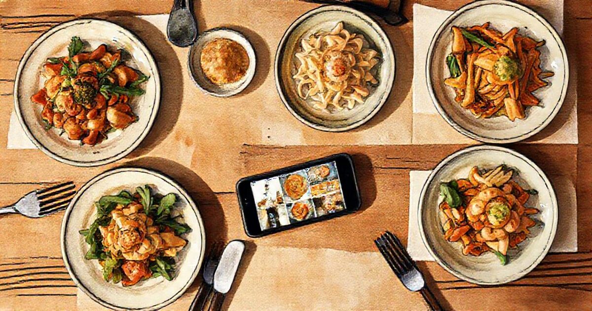 Illustration of a restaurant table with several dishes and a phone showing a grid of food photos