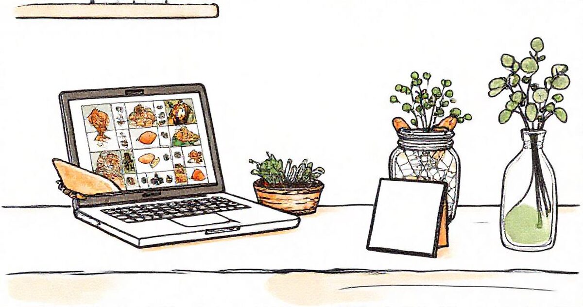 Illustration of a laptop showing a folder of dish photos on a restaurant counter next to a table QR card