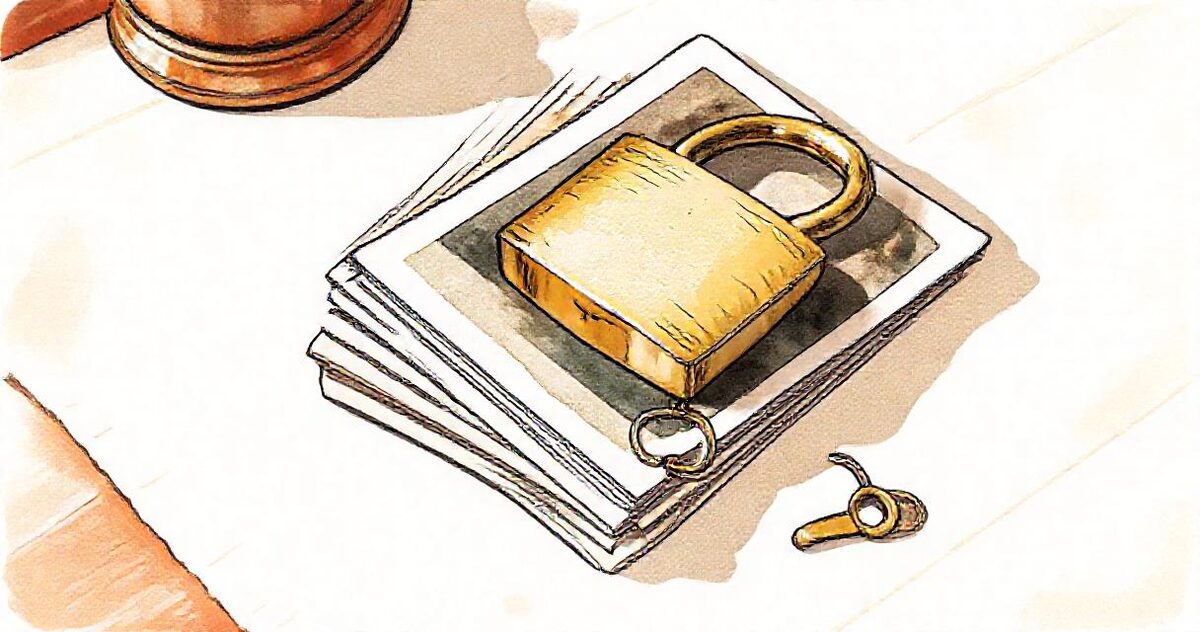 A closed padlock resting on a stack of printed photographs beside a key on a ring